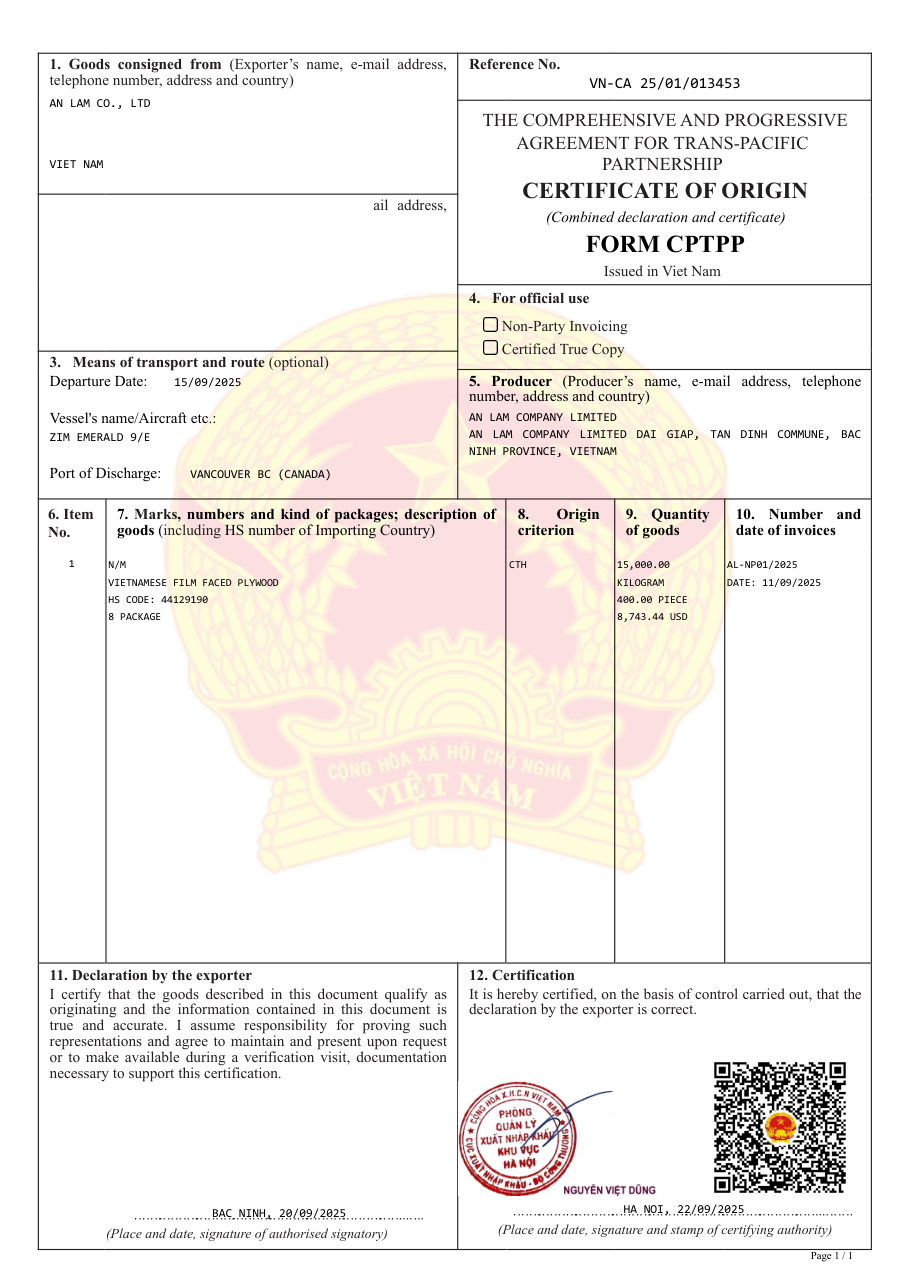 Bill of lading for a LELOI plywood shipment from Vietnam 3