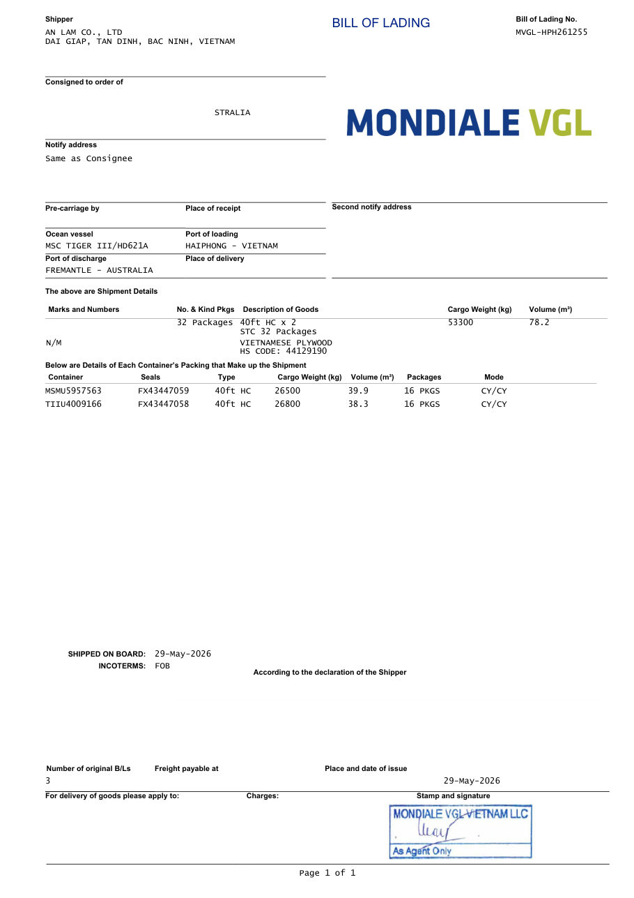 Bill of lading for a LELOI plywood shipment from Vietnam 2